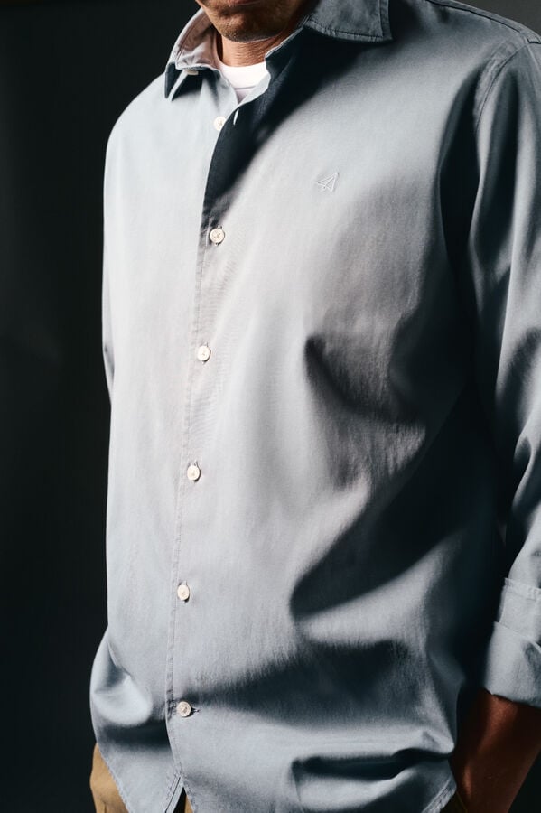 OOTO Camisa liso de algodão tencel sarja Azul