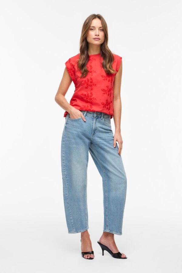 Vila Top sem mangas com bordados em algod&atilde;o Vermelho