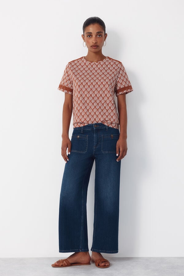 Cortefiel Hemstitch detail t-shirt Printed white