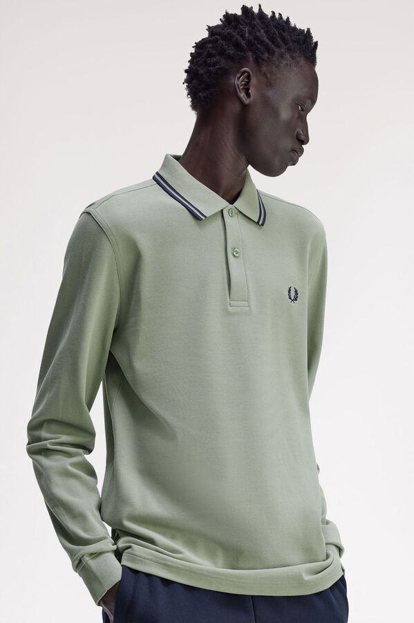 Fred Perry Polo piqué de manga comprida masculina Cinzento