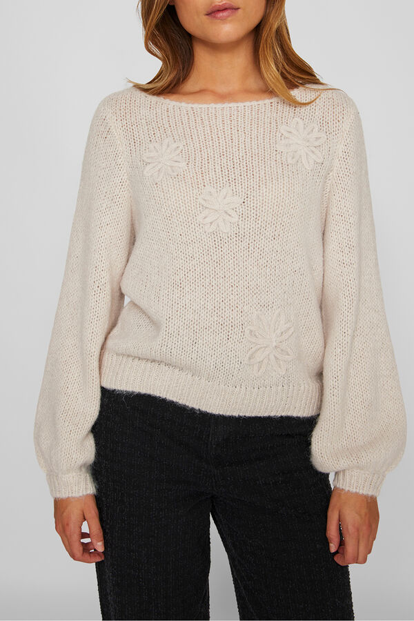Vila Camisola de flores em malha com lã Ecru