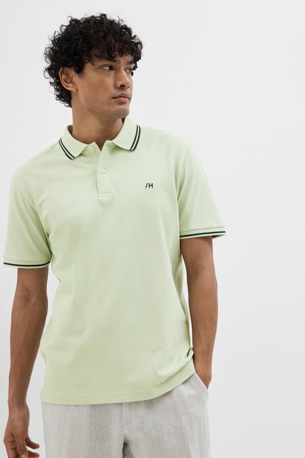 Cortefiel Polo shirt in organic cotton with an embroidered logo and a detailed neckline and cuffs.  Green
