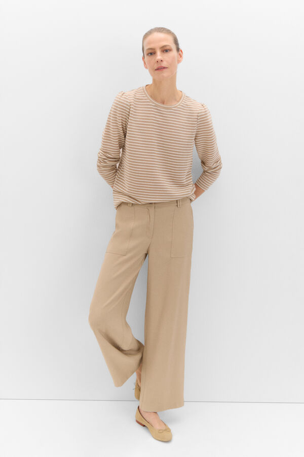 Cortefiel Striped top with gathered sleeves Nude