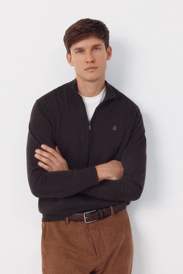 Cortefiel Cotton high neck sweater  Dark brown