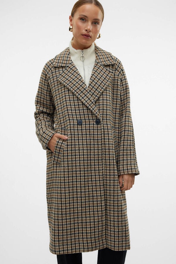 Cortefiel Long checked coat Nude