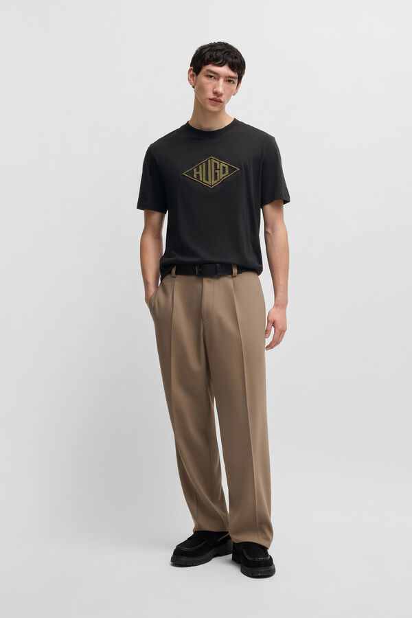 HUGO Camiseta de malha de algodão com bordado de logo geométrico Preto