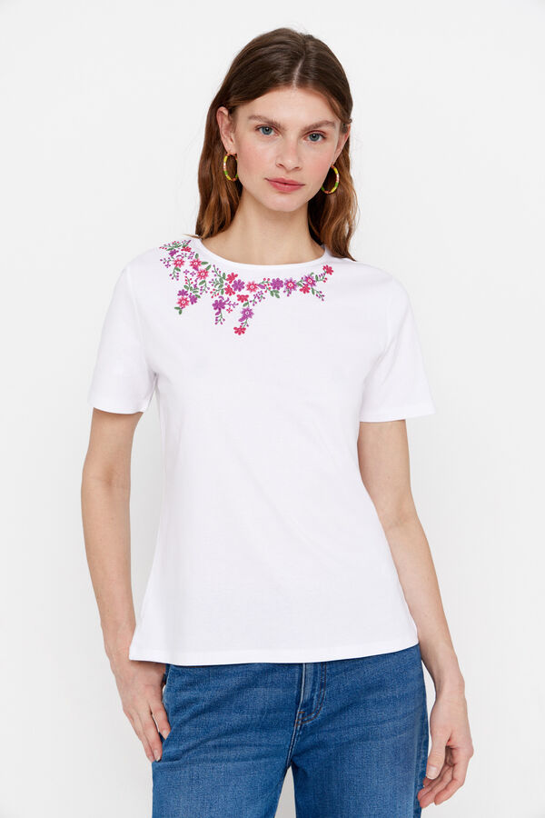 Cortefiel Camiseta bordado floral Blanco