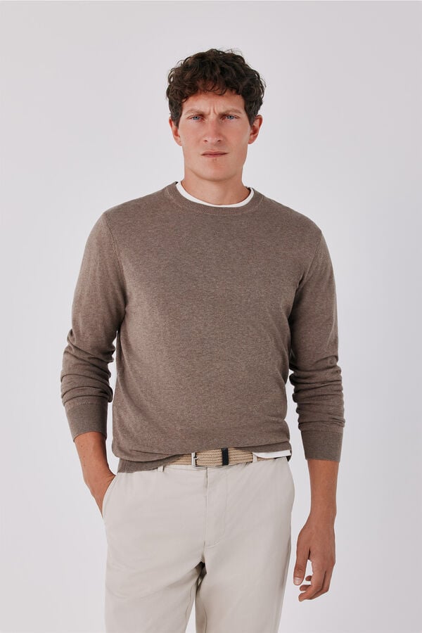 Cortefiel Cotton cashmere knit crew neck jumper Beige