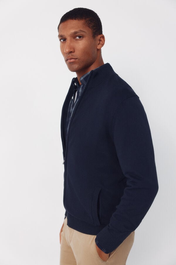 Cortefiel Basic cotton zip fastening cardigan Navy