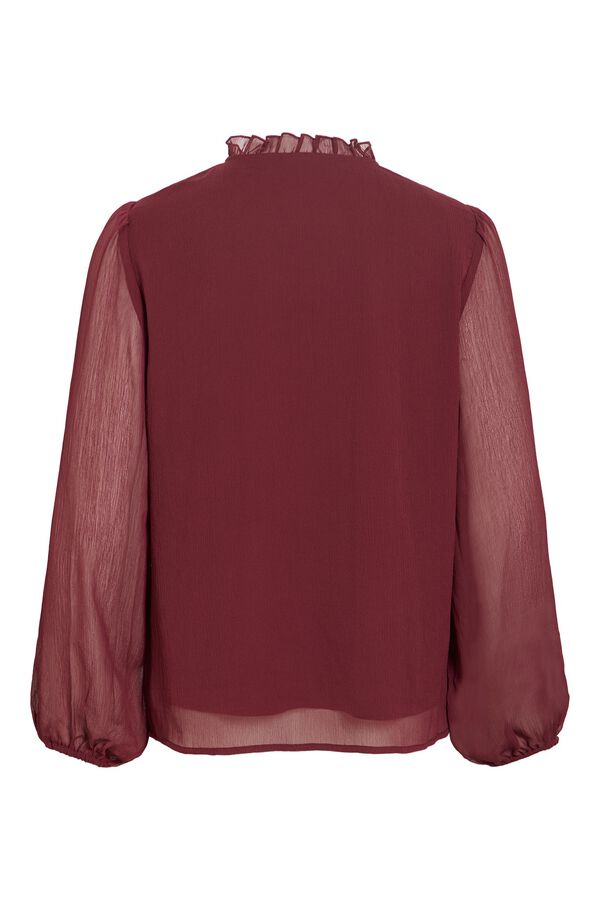 Vila Blusa semitransparente com gola franzida Vermelho