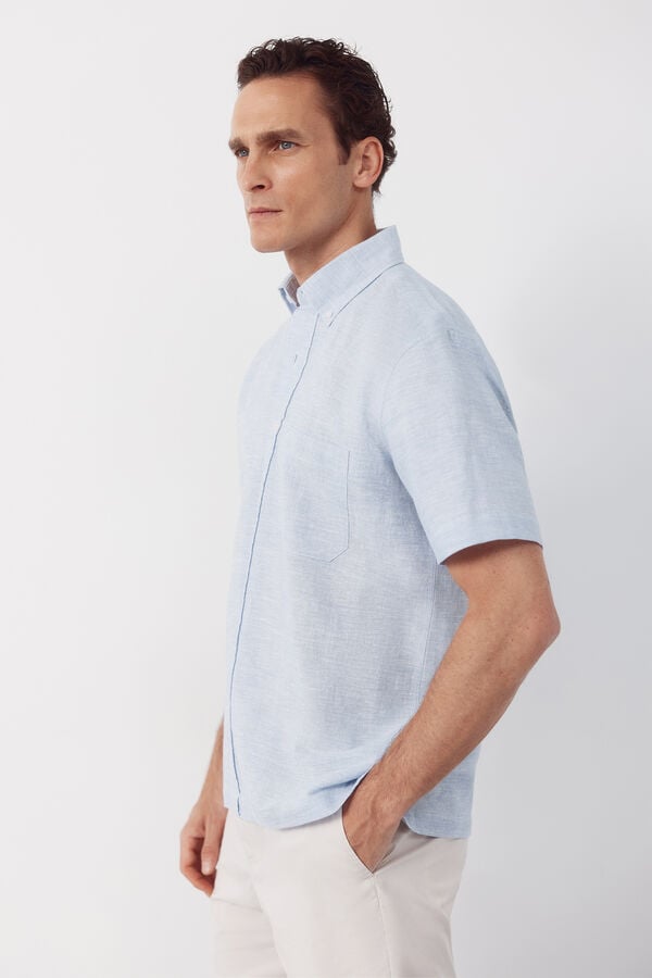 Cortefiel Linen short sleeve shirt Blue