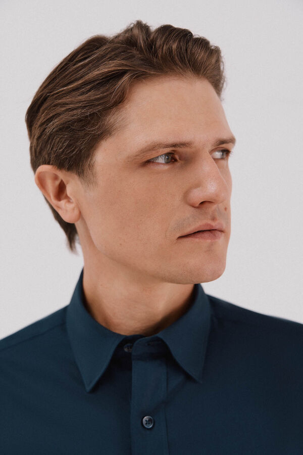 Cortefiel Plain tencel cotton shirt Navy