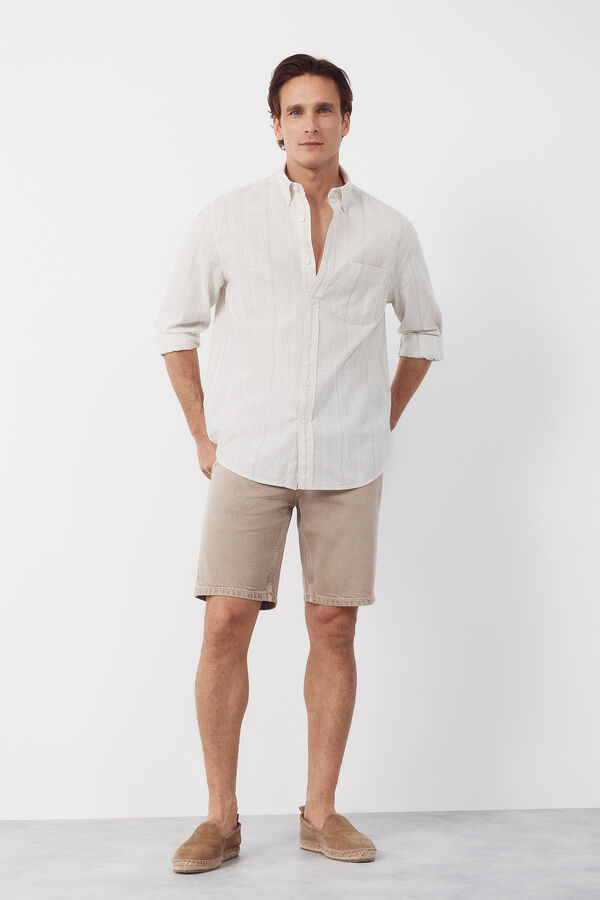 Cortefiel Striped cotton slub shirt Beige