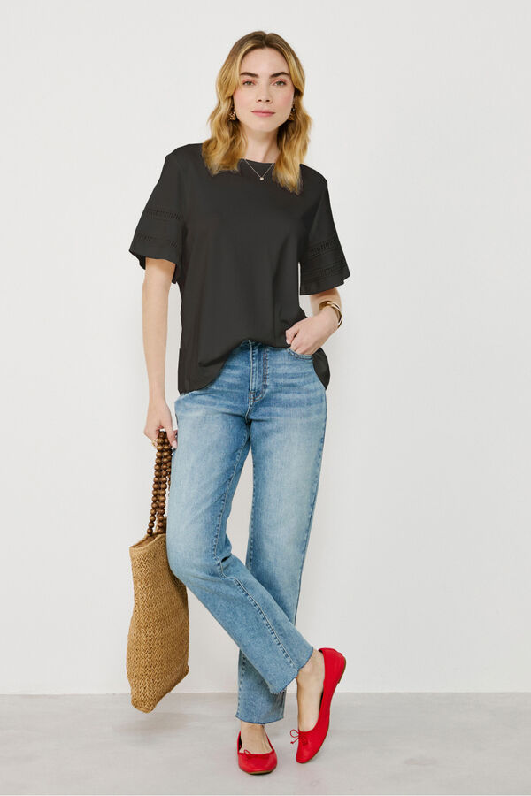 Vila organic cotton T-shirt with openwork Black