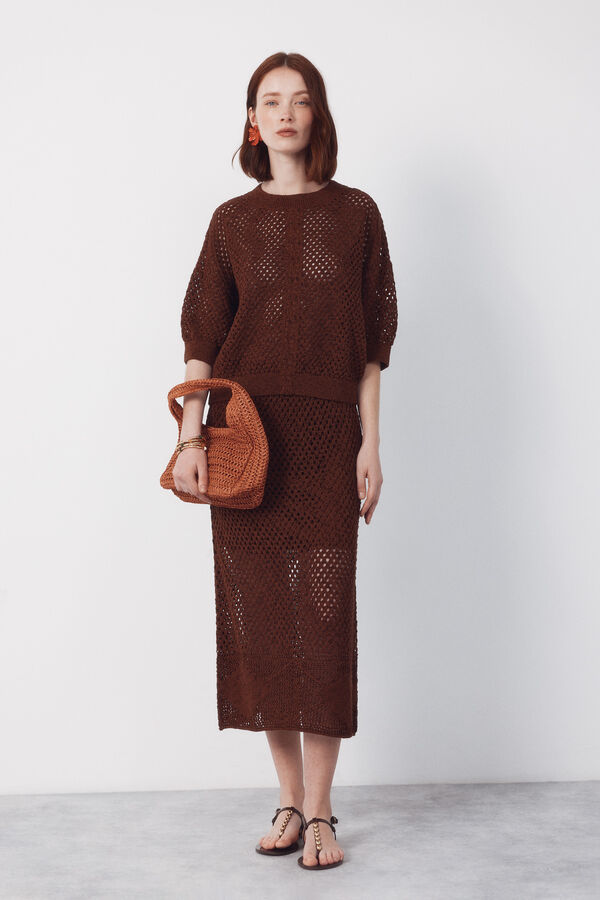 Cortefiel Midi jersey-knit skirt Dark brown