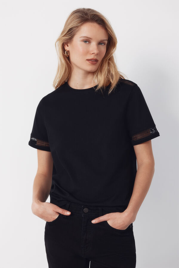 Cortefiel Hemstitch detail t-shirt Black