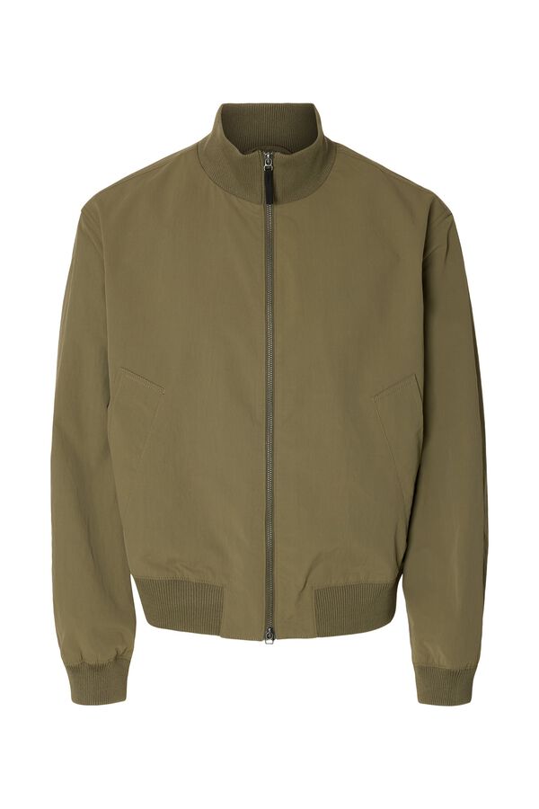 Selected Blus&atilde;o bomber para homem liso com fecho-&eacute;clair Verde