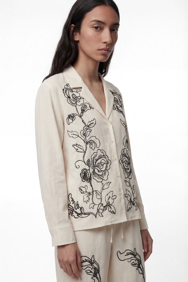 Vero Moda Cal&ccedil;a comprida de linho estampado  Tostado