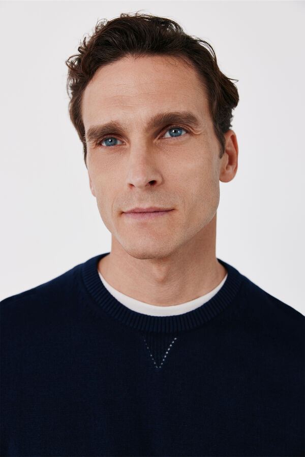 Cortefiel Cotton fine knit round neck jumper Navy