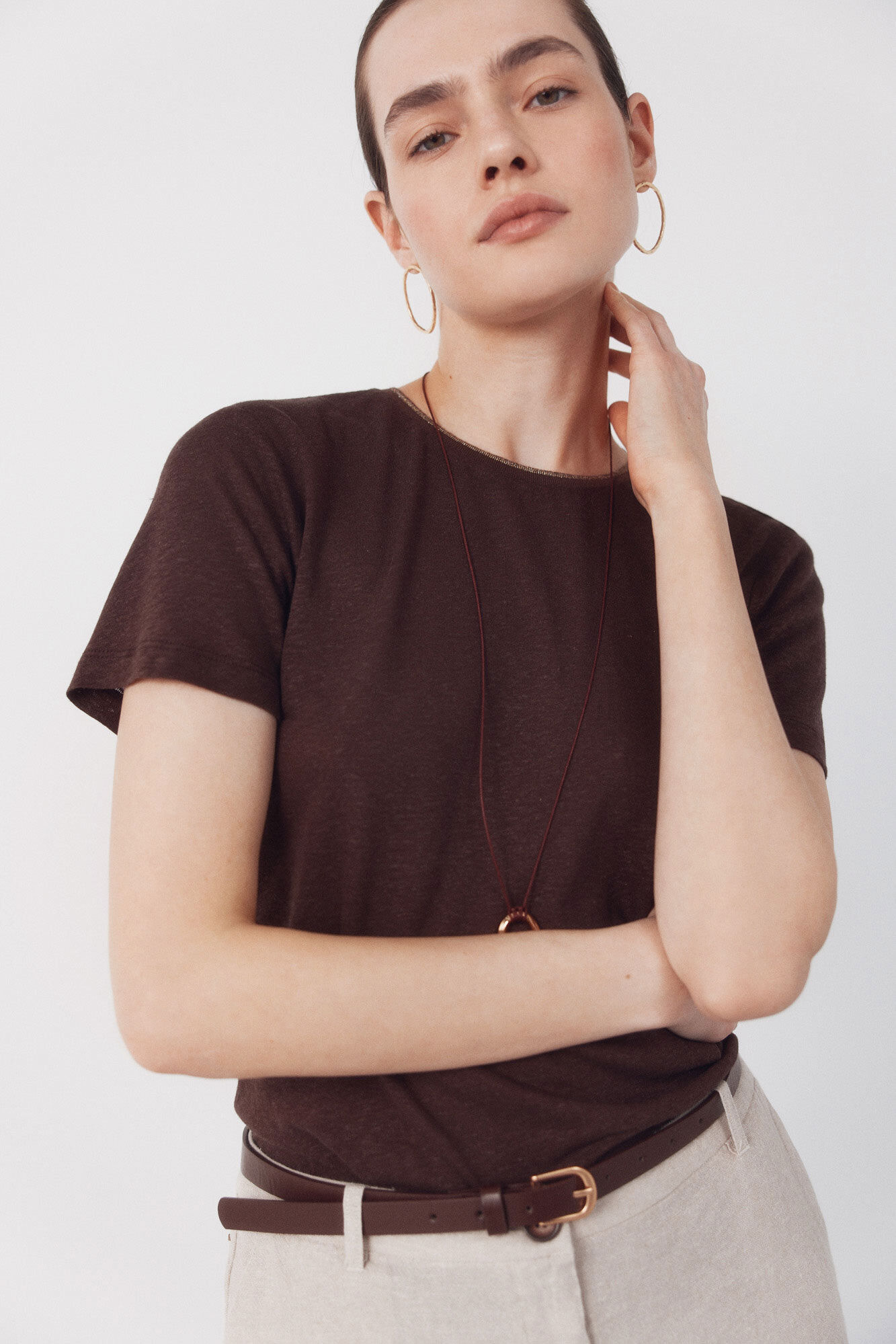 Cortefiel Linen -shirt with lurex neckline