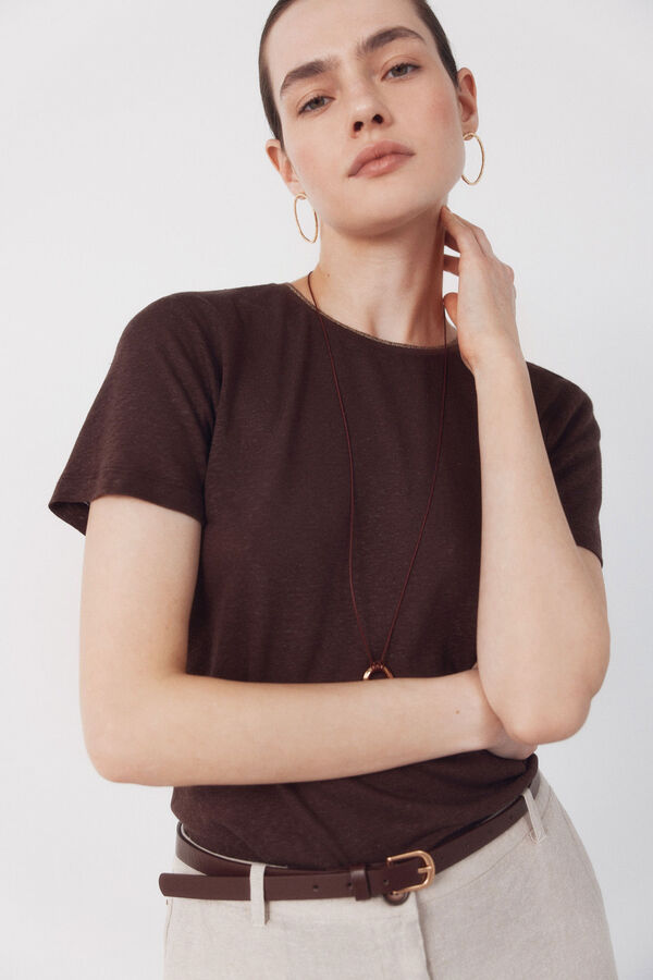 Cortefiel Linen -shirt with lurex neckline Dark brown