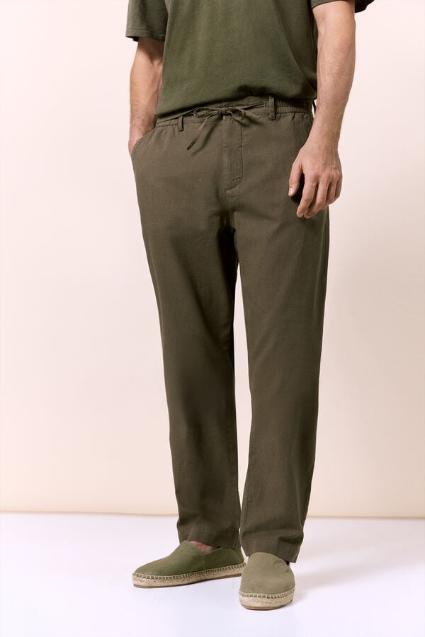 OOTO Linen-cotton regular fit trousers Kaki