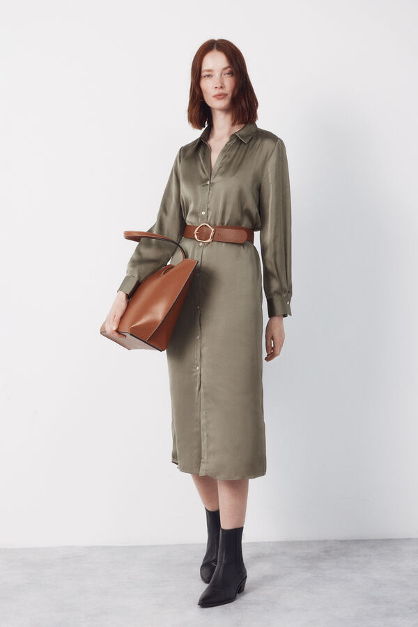 Cortefiel Satin shirt dress Kaki