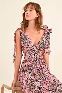 Cortefiel Long printed dress with tie belt and ruffles Multicolour