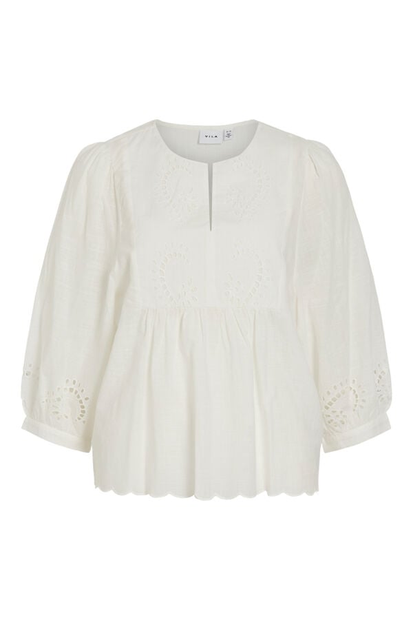 Vila Blusa de manga 3/4 com renda inglesa em algod&atilde;o Branco