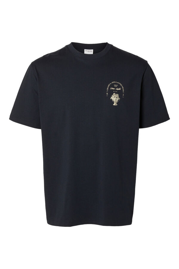 Cortefiel Camiseta de manga corta con ilustración trasera confeccionada 100% con algodón orgánico. Azul marino