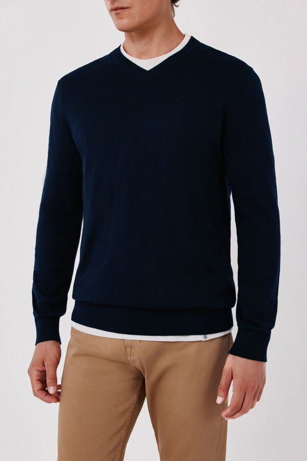 Cortefiel Cotton cashmere knit V-neck jumper Navy
