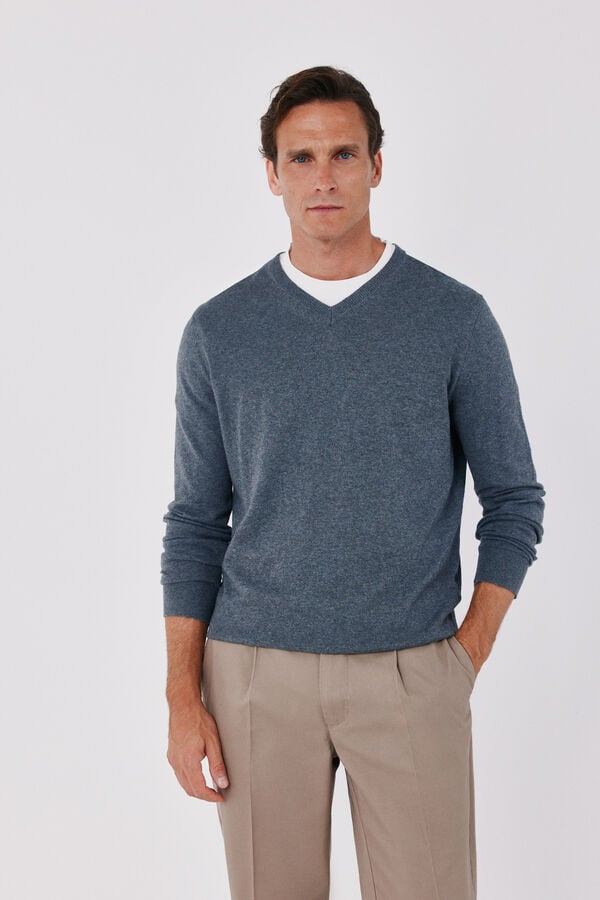 Cortefiel Cotton cashmere knit V-neck jumper Grey