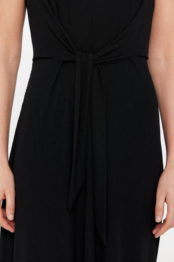 Cortefiel Pleated jersey-knit dress with knot detail Black