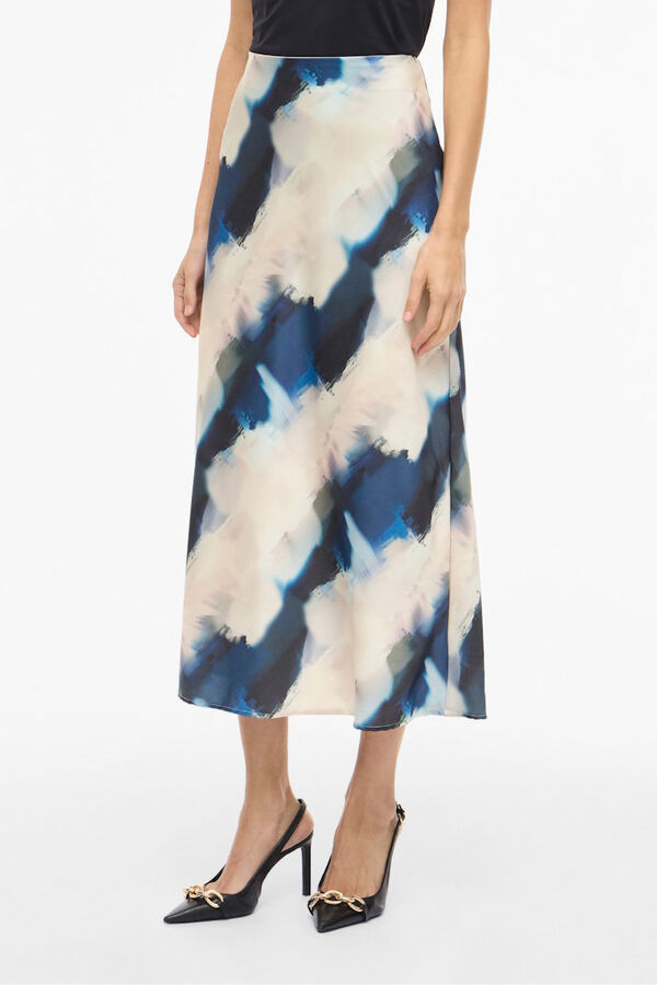 Vila Saia midi acetinada estampada Azul