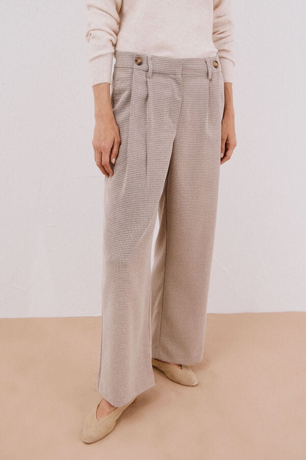 Cortefiel Long, wide-legged trousers with pleats Printed beige