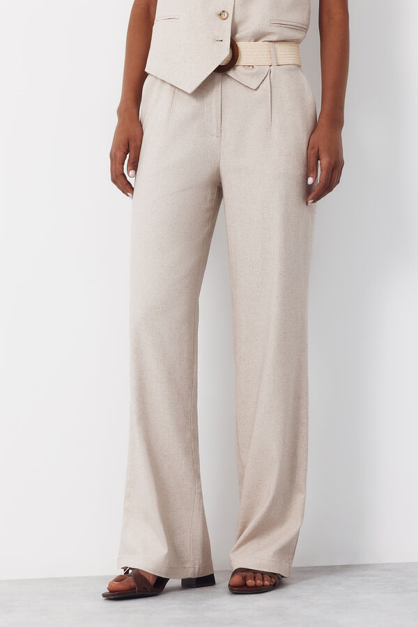 Cortefiel Wide-leg trousers with linen Nude