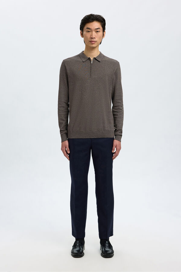 Selected Camisola polo 100% algodão com meia fecho-éclair . Cinzento