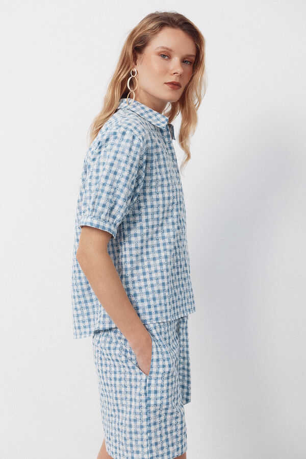 Cortefiel Embroidered gingham blouse Printed blue