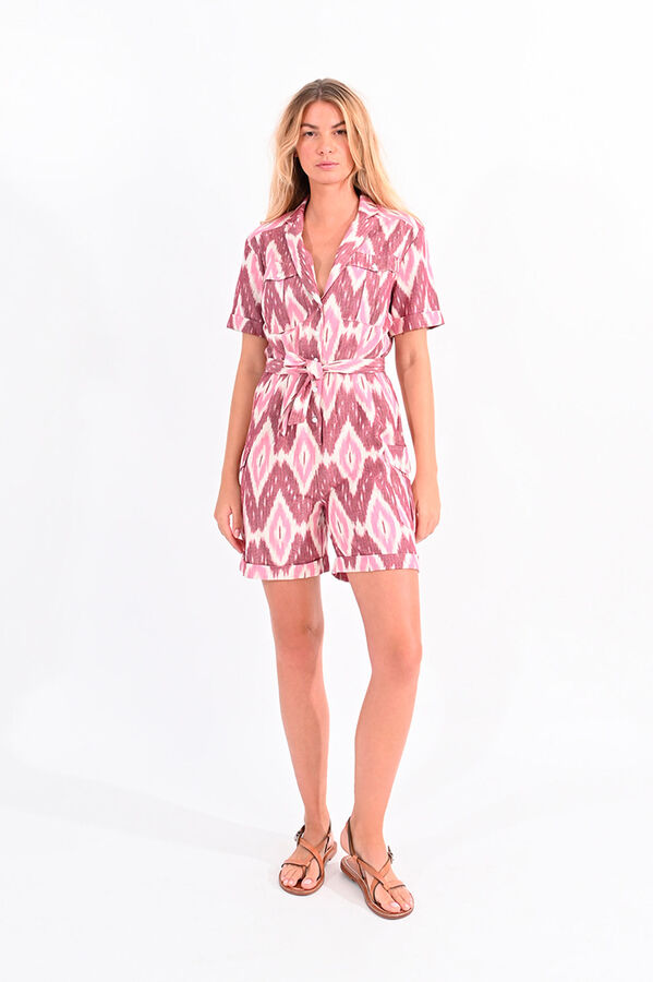 Cortefiel Printed jumpsuit with short sleeves and tie belt Pink