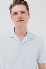 Cortefiel Plain cotton linen short sleeve shirt Blue