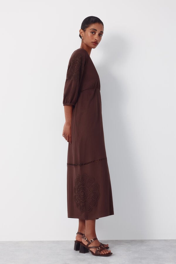 Cortefiel Floral guipure patchwork dress Brown