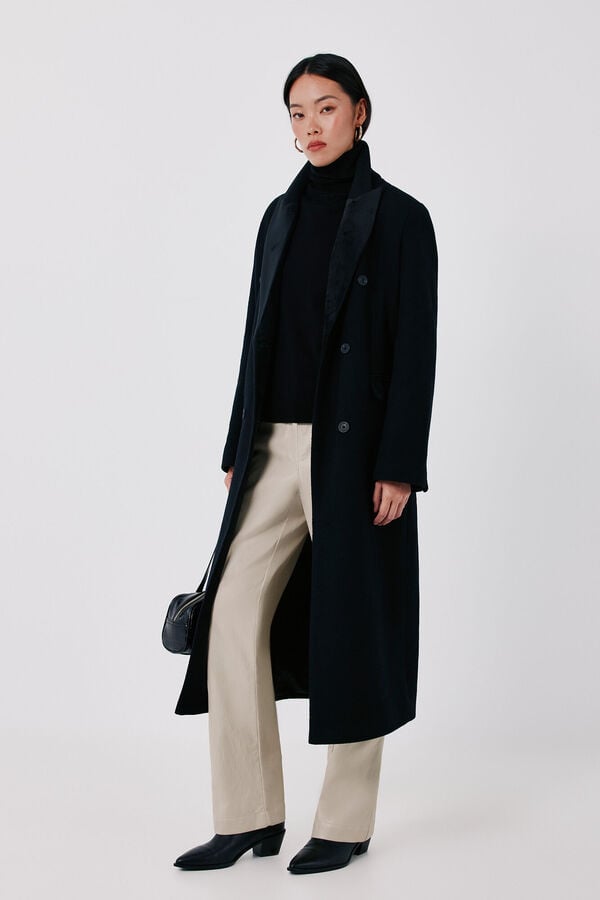 Cortefiel Long velvet collar coat Black