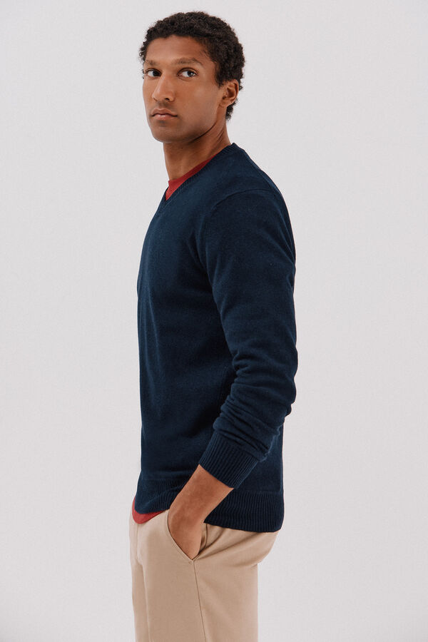 Cortefiel Lambswool round V wool sweater Navy