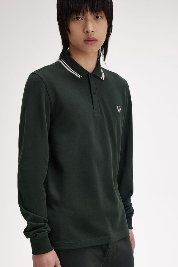 Fred Perry Polo piqué de manga comprida masculina Verde