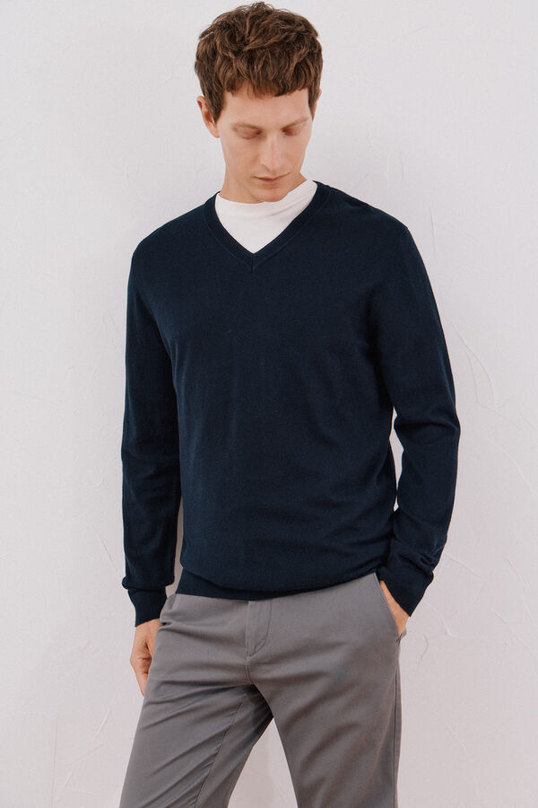Cortefiel Jersey algodón cashmere cuello pico Azul marino