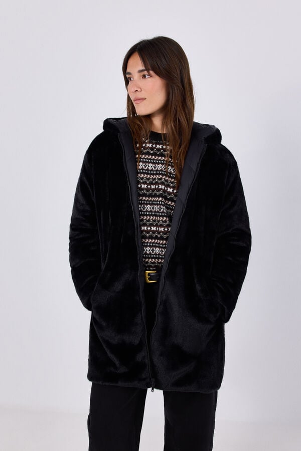 Cortefiel Anorak acolchado reversible efecto pelo Negro