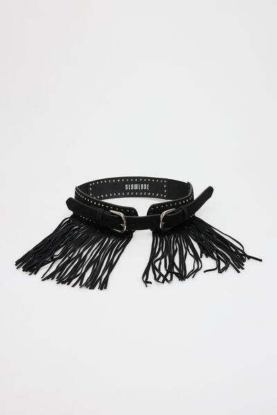 Cortefiel Leather fringe sash belt Black