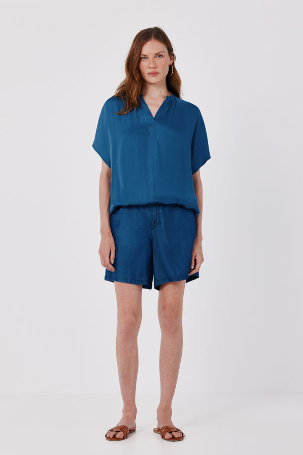 Cortefiel Blusa acetinada de manga curta Azul