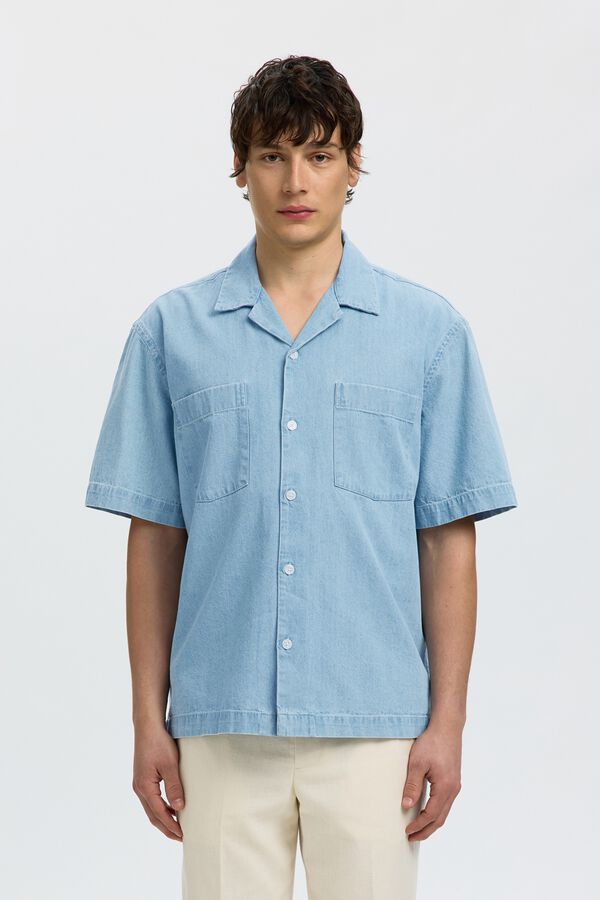 Selected Camisa jeans de manga curta Azul