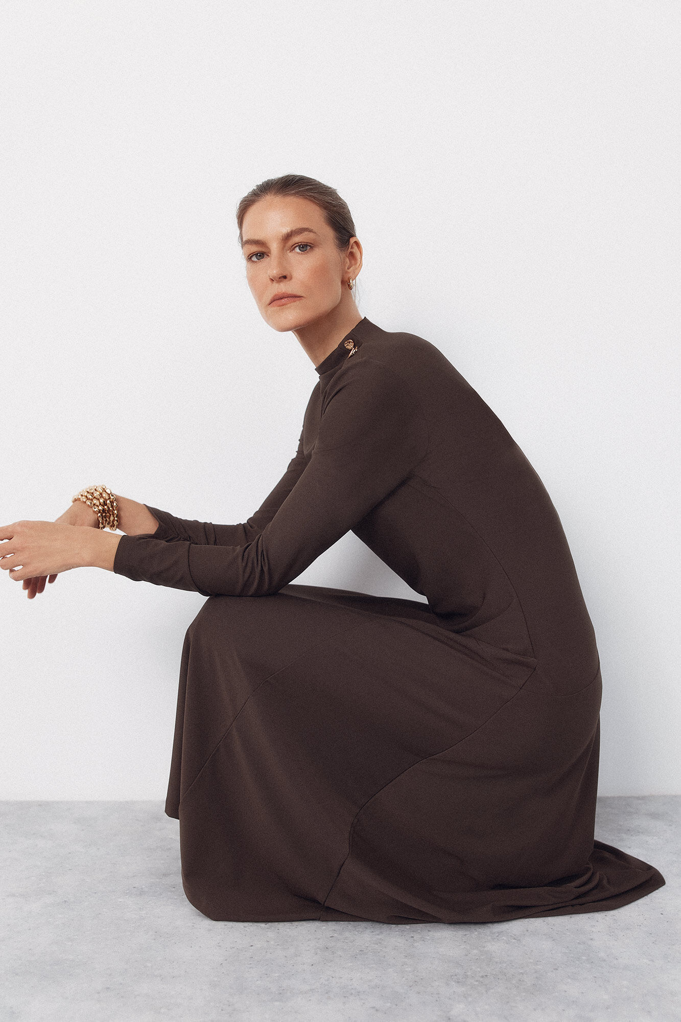 Cortefiel Long dress with gold buttons